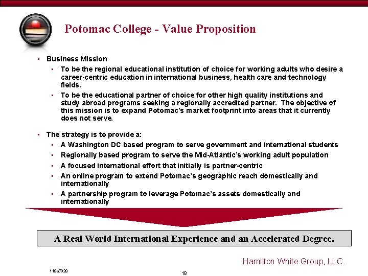 Draft - for discussion purposes only Potomac College - Value Proposition • Business Mission