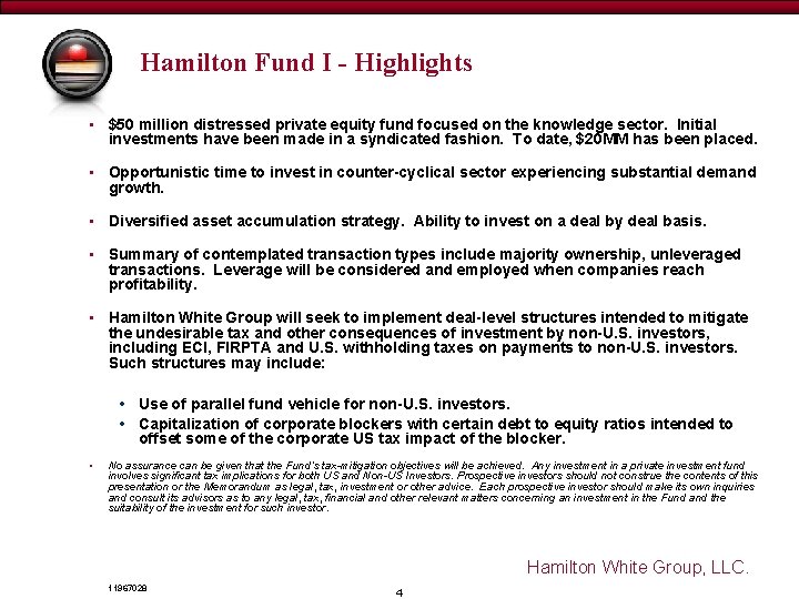 Draft - for discussion purposes only Hamilton Fund I - Highlights • $50 million Draft - for discussion purposes only Hamilton Fund I - Highlights • $50 million