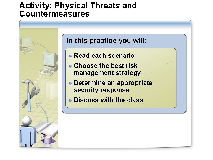 Activity: Physical Threats and Countermeasures In this practice you will: Read each scenario Choose