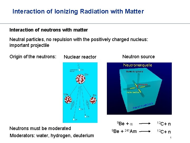Interaction of Ionizing Radiation with Matter Interaction of neutrons with matter Neutral particles, no