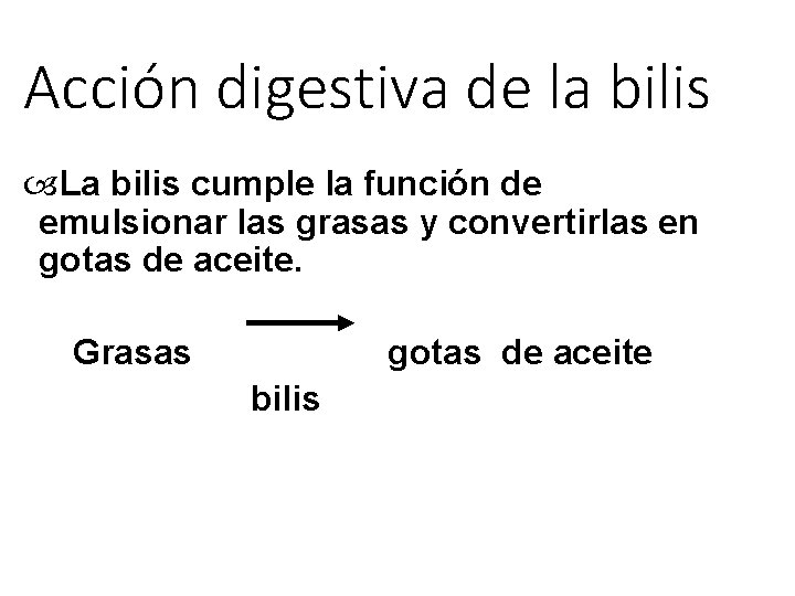 Acción digestiva de la bilis La bilis cumple la función de emulsionar las grasas