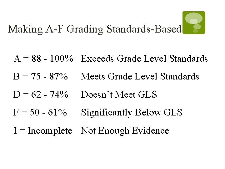 Making A-F Grading Standards-Based A = 88 - 100% Exceeds Grade Level Standards B Making A-F Grading Standards-Based A = 88 - 100% Exceeds Grade Level Standards B