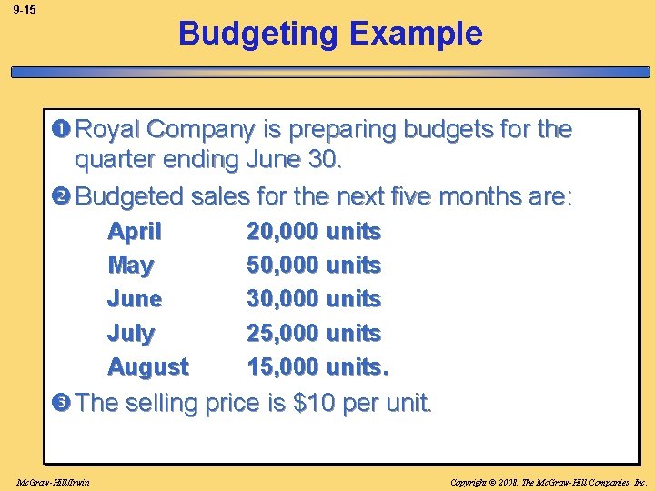 9 -15 Budgeting Example Royal Company is preparing budgets for the quarter ending June