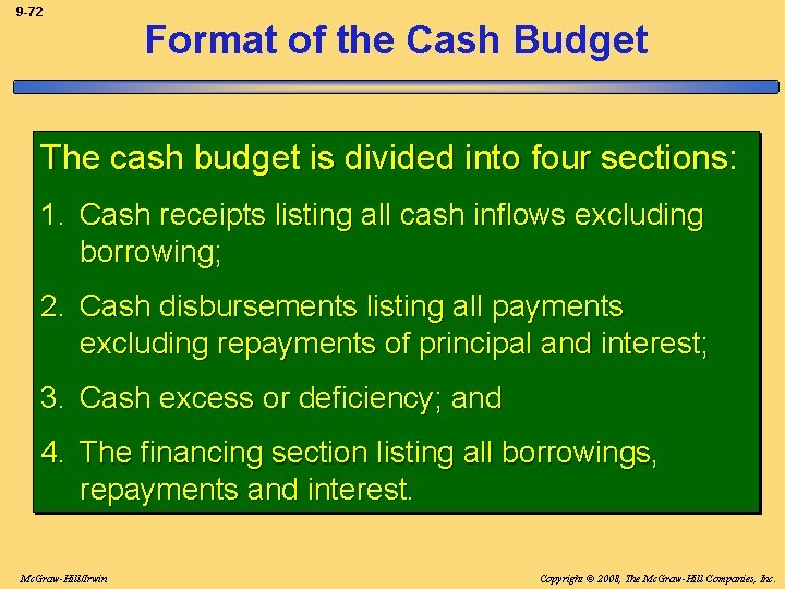 9 -72 Format of the Cash Budget The cash budget is divided into four
