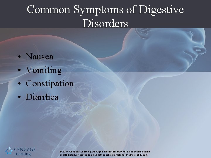 Common Symptoms of Digestive Disorders • • Nausea Vomiting Constipation Diarrhea © 2017 Cengage