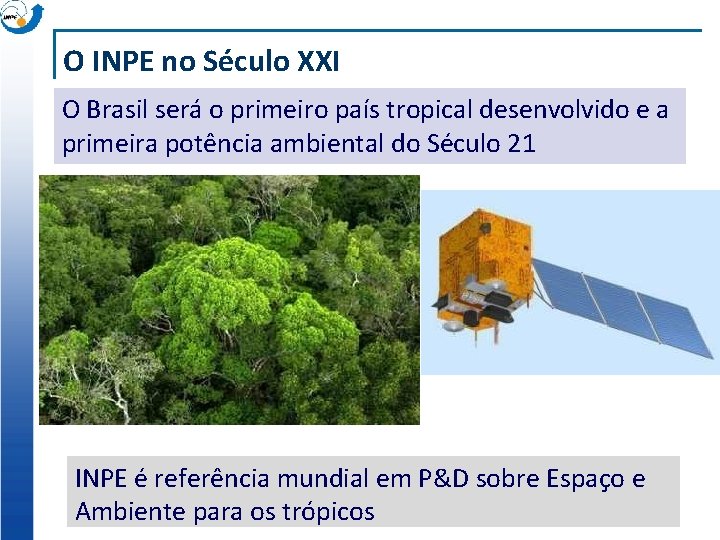 O INPE no Século XXI O Brasil será o primeiro país tropical desenvolvido e