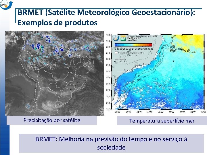 BRMET (Satélite Meteorológico Geoestacionário): Exemplos de produtos Precipitação por satélite Temperatura superfície mar BRMET: