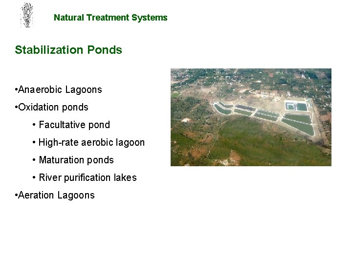 Natural Treatment Systems Stabilization Ponds • Anaerobic Lagoons • Oxidation ponds • Facultative pond