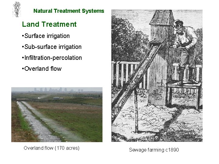 Natural Treatment Systems Land Treatment • Surface irrigation • Sub-surface irrigation • Infiltration-percolation •