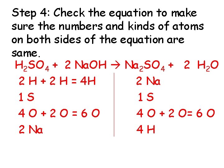 Step 4: Check the equation to make sure the numbers and kinds of atoms