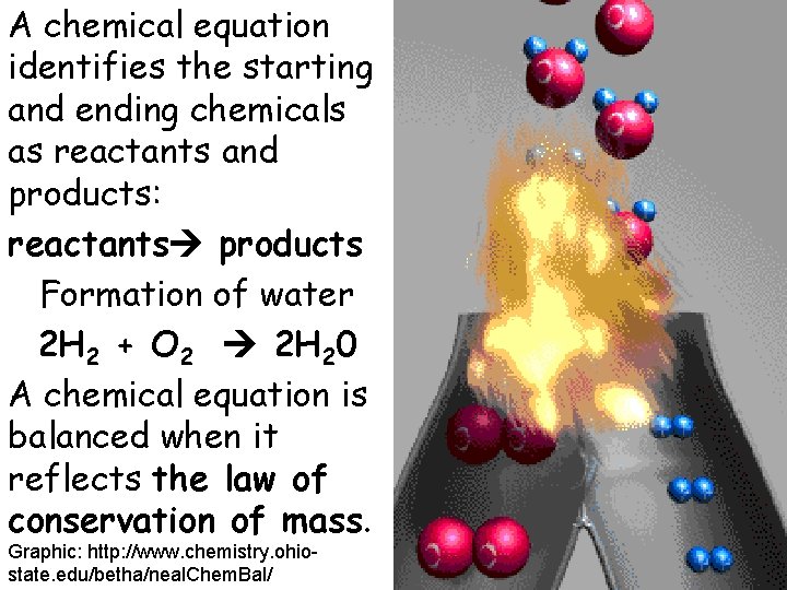 A chemical equation identifies the starting and ending chemicals as reactants and products: reactants