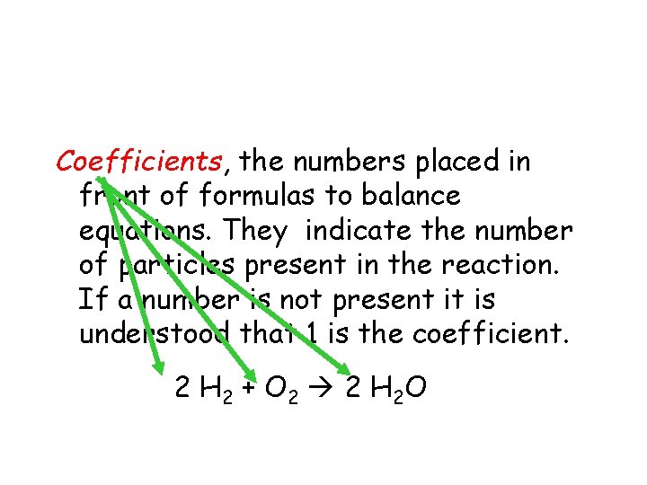 Coefficients, the numbers placed in front of formulas to balance equations. They indicate the