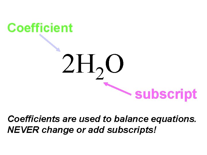 Coefficient 2 H 2 O subscript Coefficients are used to balance equations. NEVER change