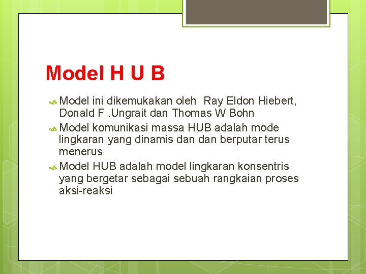 Model H U B Model ini dikemukakan oleh Ray Eldon Hiebert, Donald F. Ungrait