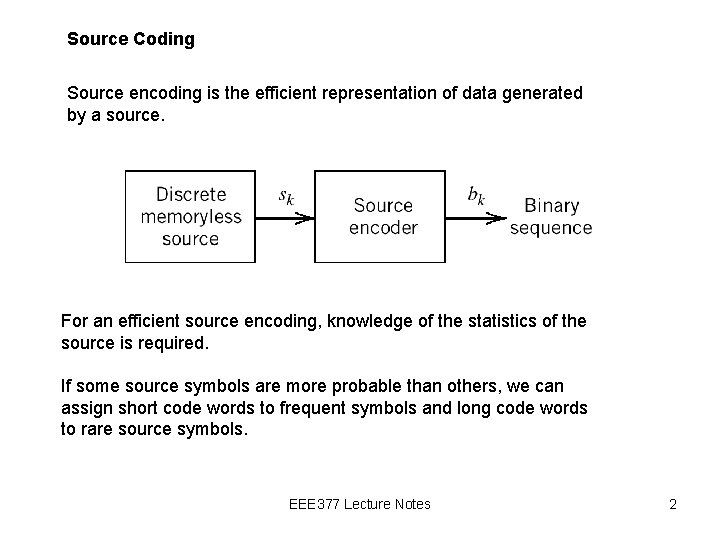 Source Coding Source encoding is the efficient representation of data generated by a source.