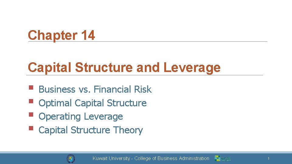 Chapter 14 Capital Structure and Leverage § Business vs. Financial Risk § Optimal Capital