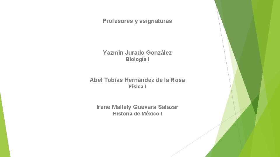 Profesores y asignaturas Yazmin Jurado González Biología I Abel Tobías Hernández de la Rosa