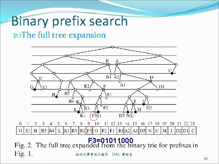 Binary prefix search The full tree expansion F 3=01011000 成功大學資訊 程系 CIAL 實驗室 61