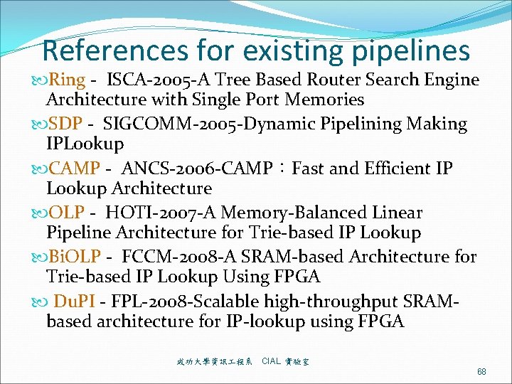 References for existing pipelines Ring - ISCA-2005 -A Tree Based Router Search Engine Architecture