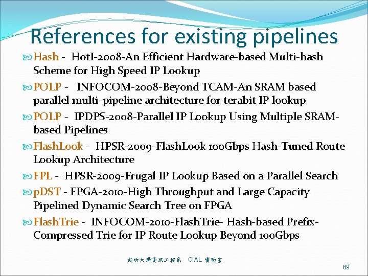 References for existing pipelines Hash - Hot. I-2008 -An Efficient Hardware-based Multi-hash Scheme for