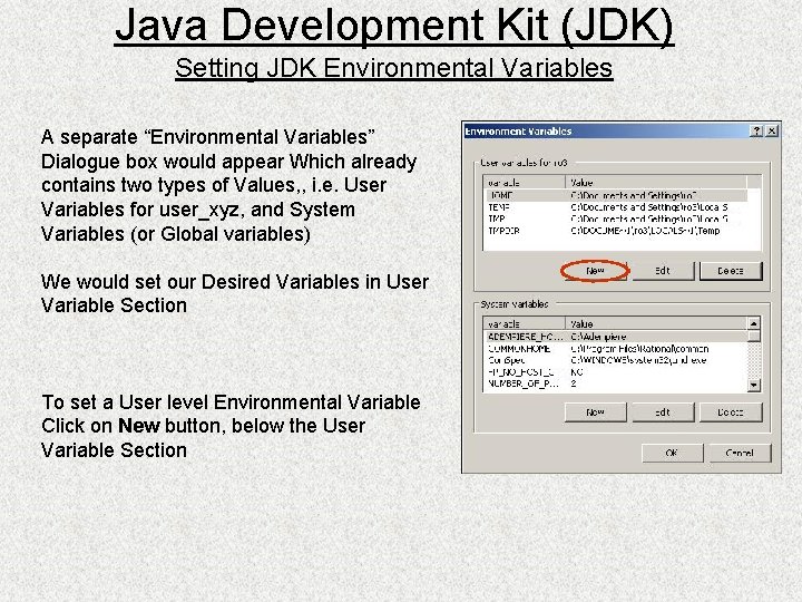 Java Development Kit (JDK) Setting JDK Environmental Variables A separate “Environmental Variables” Dialogue box