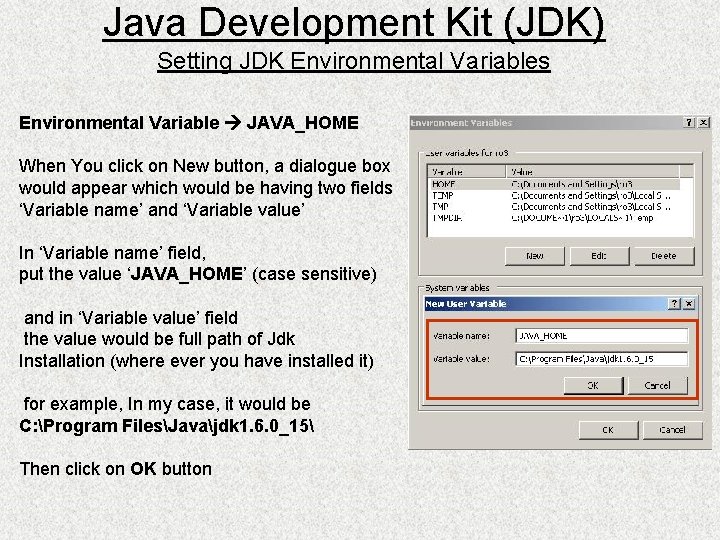 Java Development Kit (JDK) Setting JDK Environmental Variables Environmental Variable JAVA_HOME When You click