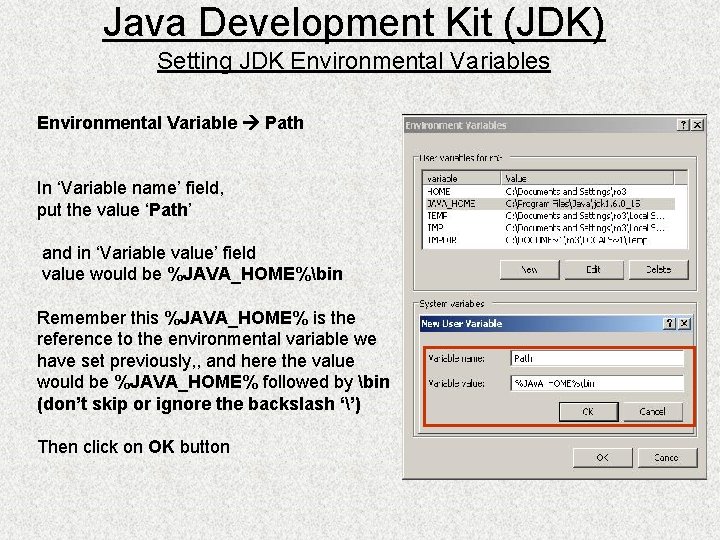 Java Development Kit (JDK) Setting JDK Environmental Variables Environmental Variable Path In ‘Variable name’