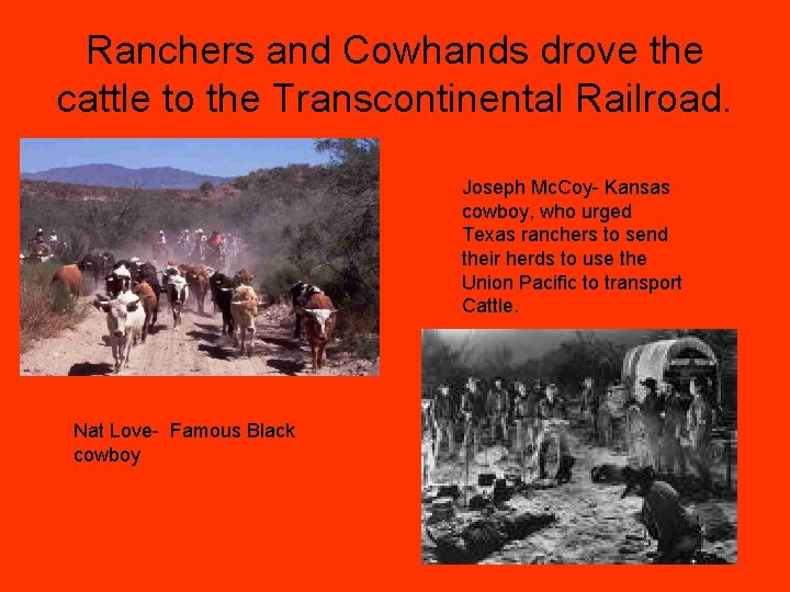 Ranchers and Cowhands drove the cattle to the Transcontinental Railroad. Joseph Mc. Coy- Kansas