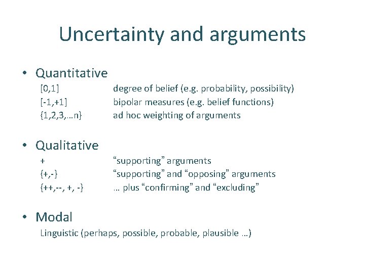 Uncertainty and arguments • Quantitative [0, 1] [-1, +1] {1, 2, 3, …n} degree