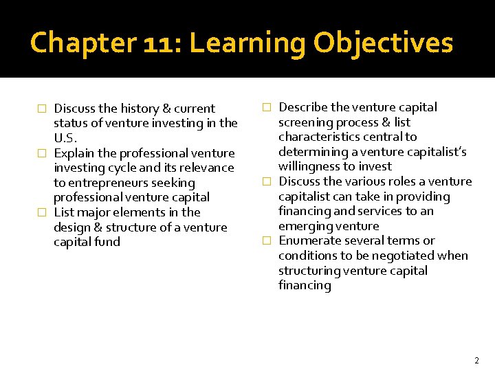 Chapter 11: Learning Objectives Discuss the history & current status of venture investing in