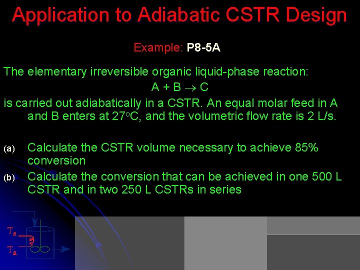 Application to Adiabatic CSTR Design Example: P 8 -5 A The elementary irreversible organic Application to Adiabatic CSTR Design Example: P 8 -5 A The elementary irreversible organic