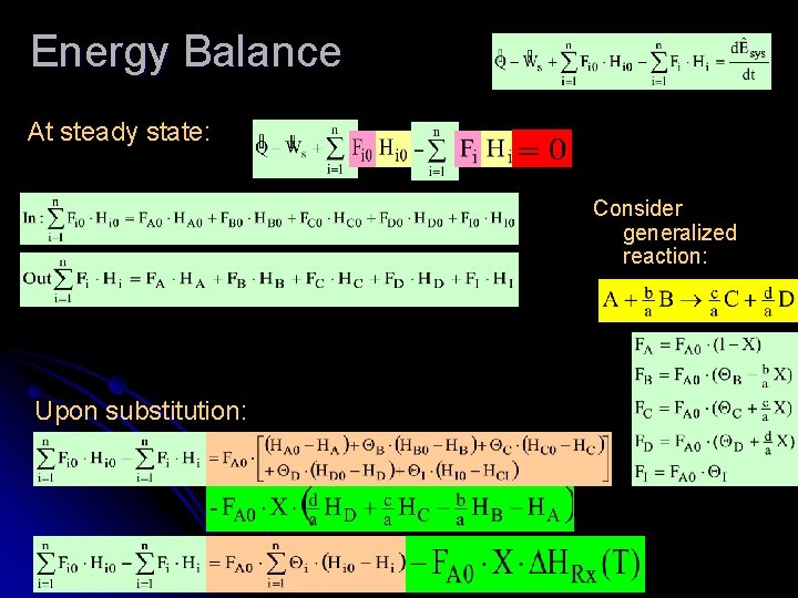 Energy Balance At steady state: Consider generalized reaction: Upon substitution: Energy Balance At steady state: Consider generalized reaction: Upon substitution: