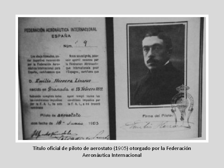 Título oficial de piloto de aerostato (1905) otorgado por la Federación Aeronáutica Internacional Título oficial de piloto de aerostato (1905) otorgado por la Federación Aeronáutica Internacional