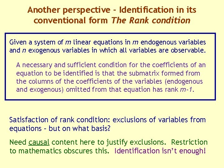 Another perspective - Identification in its conventional form The Rank condition Given a system