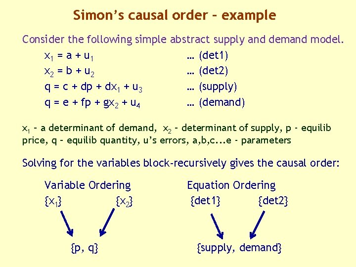 Simon’s causal order – example Consider the following simple abstract supply and demand model.