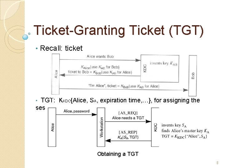 Ticket-Granting Ticket (TGT) • Recall: ticket TGT: KKDC{Alice, SA, expiration time, …}, for assigning Ticket-Granting Ticket (TGT) • Recall: ticket TGT: KKDC{Alice, SA, expiration time, …}, for assigning