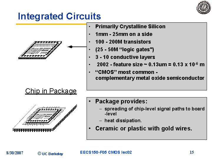 Integrated Circuits • • Primarily Crystalline Silicon 1 mm - 25 mm on a