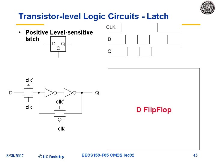 Transistor-level Logic Circuits - Latch • Positive Level-sensitive latch clk’ • Transistor Level clk