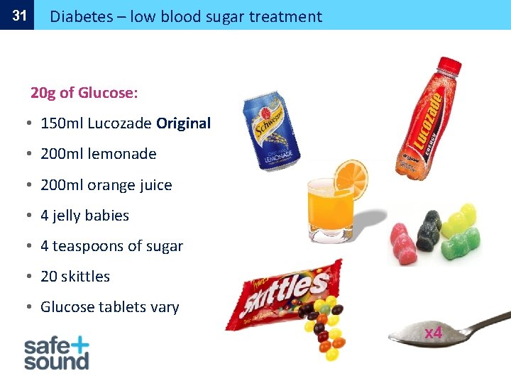 31 Diabetes – low blood sugar treatment 20 g of Glucose: • 150 ml
