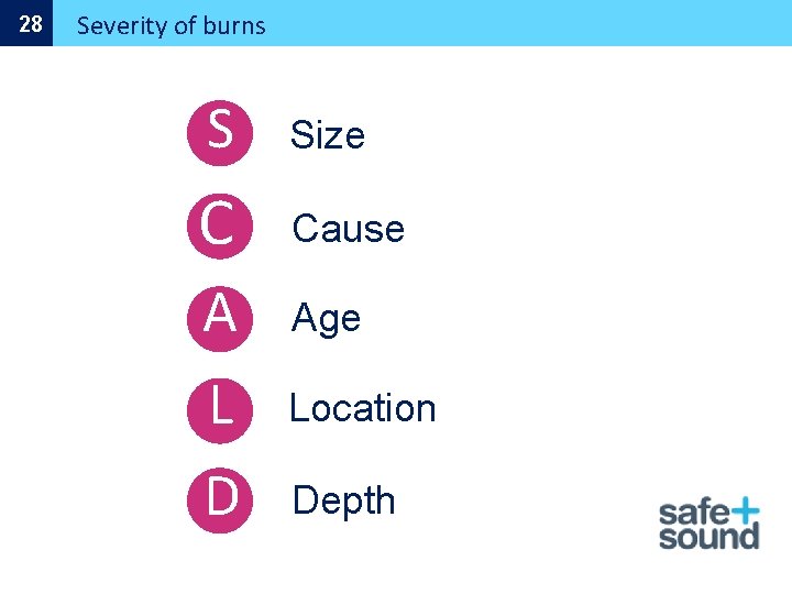 28 Severity of burns S Size C Cause A Age L Location D Depth