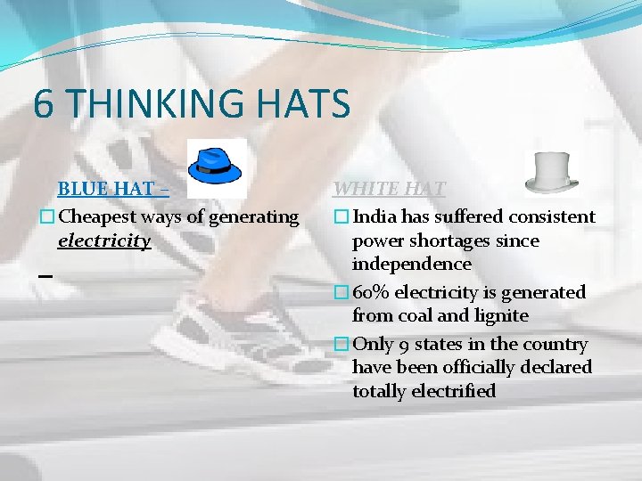 6 THINKING HATS BLUE HAT – �Cheapest ways of generating electricity WHITE HAT �India