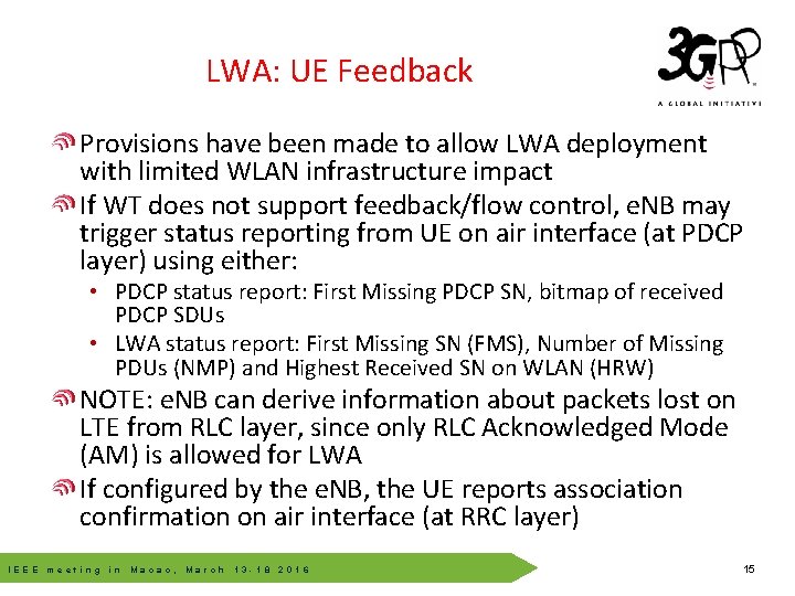 LWA: UE Feedback Provisions have been made to allow LWA deployment with limited WLAN