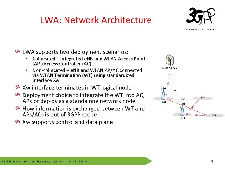 LWA: Network Architecture LWA supports two deployment scenarios: • Collocated – integrated e. NB