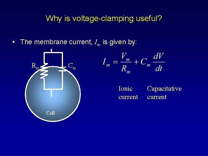 Why is voltage-clamping useful? • The membrane current, Im is given by: Rm Cm