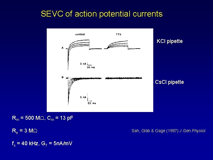 SEVC of action potential currents KCl pipette Cs. Cl pipette Rm = 500 M