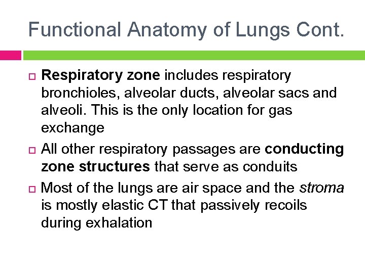 Functional Anatomy of Lungs Cont. Respiratory zone includes respiratory bronchioles, alveolar ducts, alveolar sacs