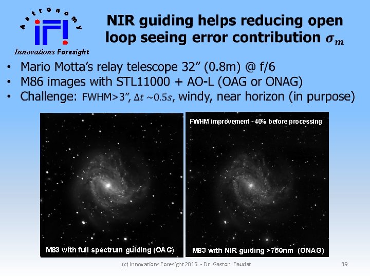 Innovations Foresight FWHM improvement ~40% before processing M 83 with full spectrum guiding Innovations Foresight FWHM improvement ~40% before processing M 83 with full spectrum guiding