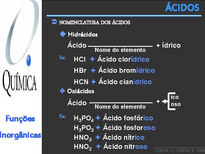 ÁCIDOS NOMENCLATURA DOS ÁCIDOS Hidrácidos Ácido Ex: Nome do elemento + ídrico HCl Ácido