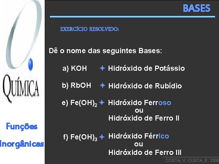 BASES EXERCÍCIO RESOLVIDO: Dê o nome das seguintes Bases: Funções Inorgânicas a) KOH Hidróxido