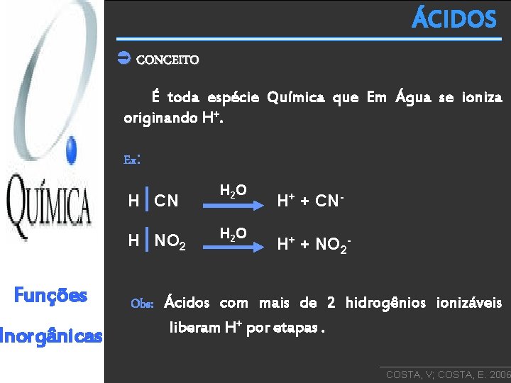 ÁCIDOS CONCEITO É toda espécie Química que Em Água se ioniza originando H+. Ex: